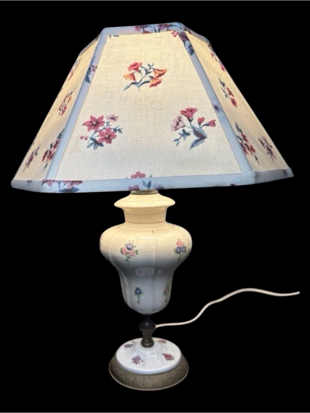 Vintage Porcelain Table Lamp/ Matching Hexigonal Fabric Shade - Picture 1 of 16